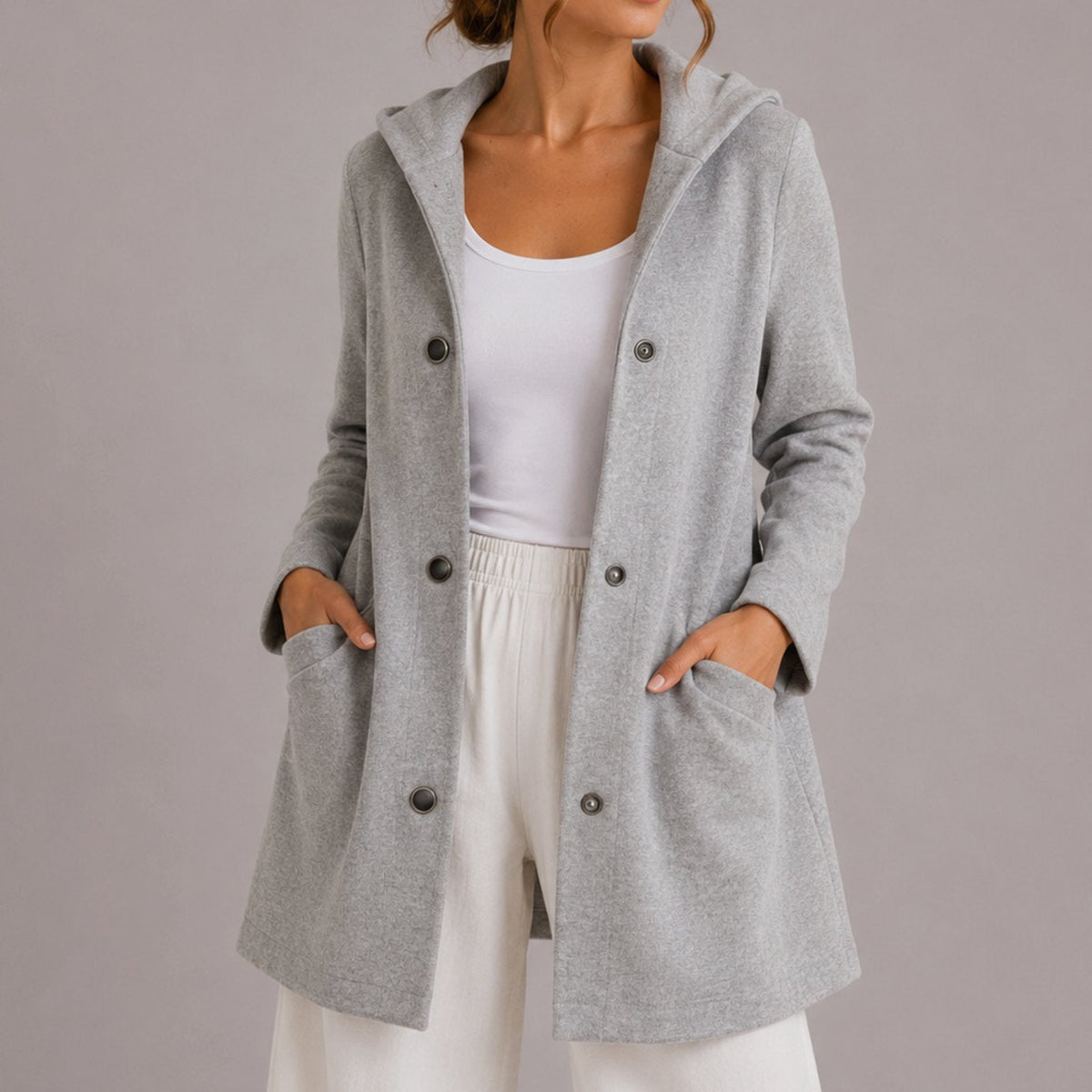 Chaqueta cárdigan holgada para mujer con capucha, botones y bolsillos