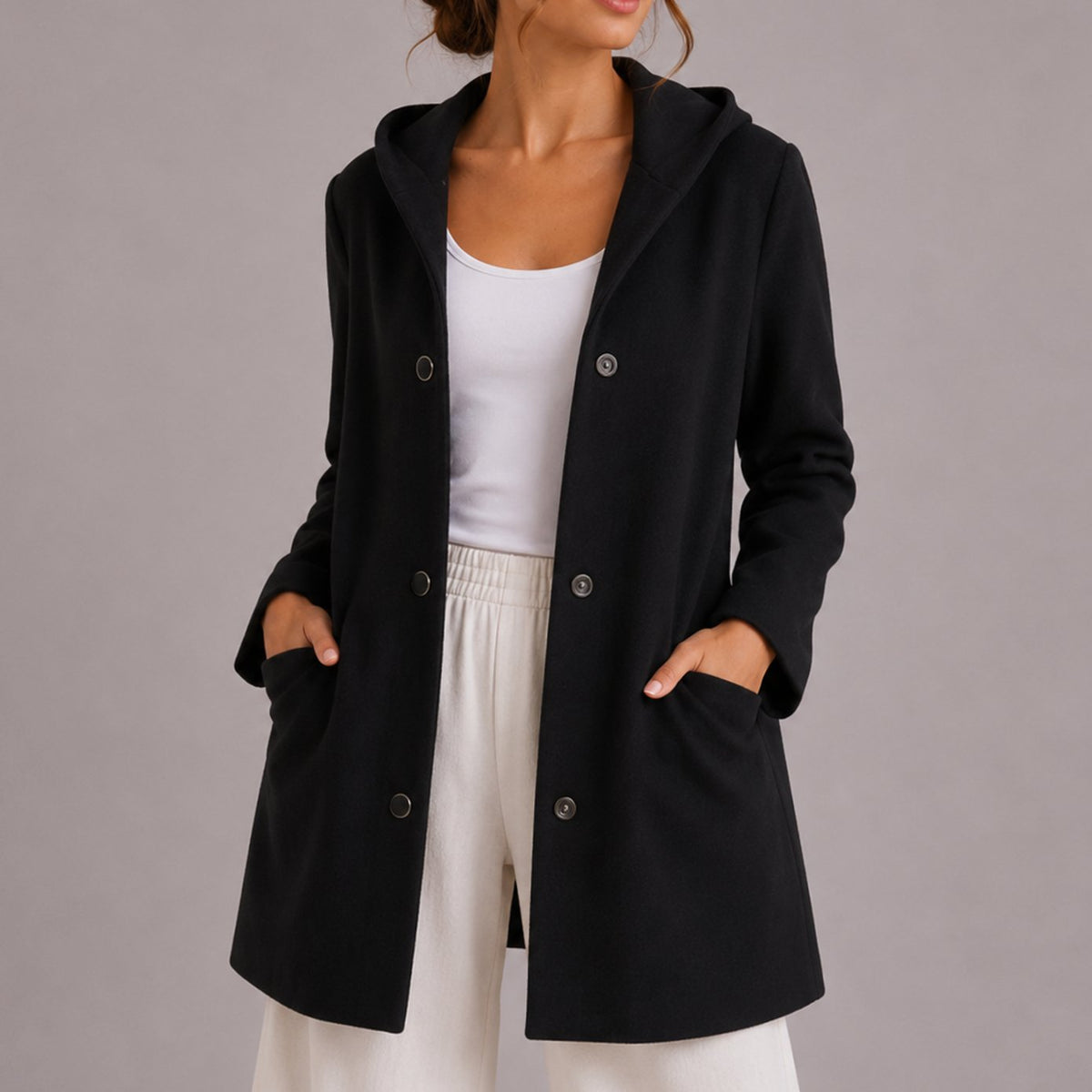Chaqueta cárdigan holgada para mujer con capucha, botones y bolsillos