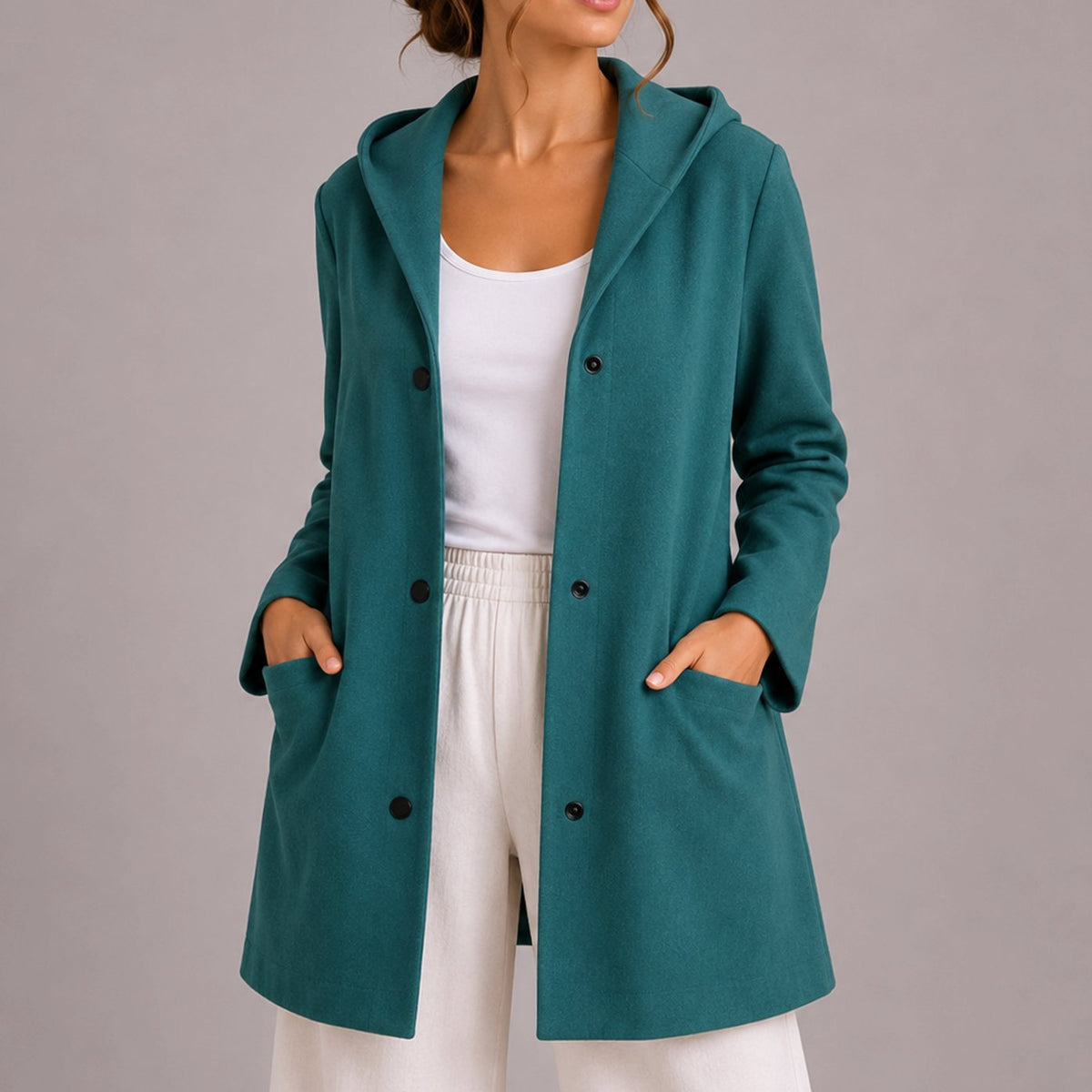 Chaqueta cárdigan holgada para mujer con capucha, botones y bolsillos