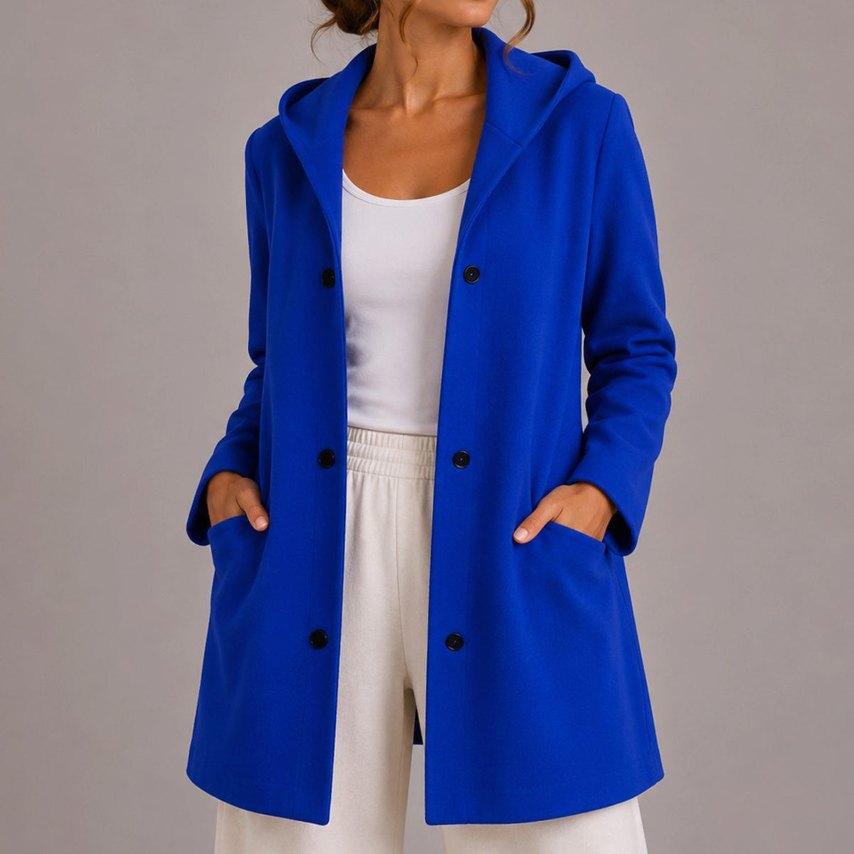 Chaqueta cárdigan holgada para mujer con capucha, botones y bolsillos