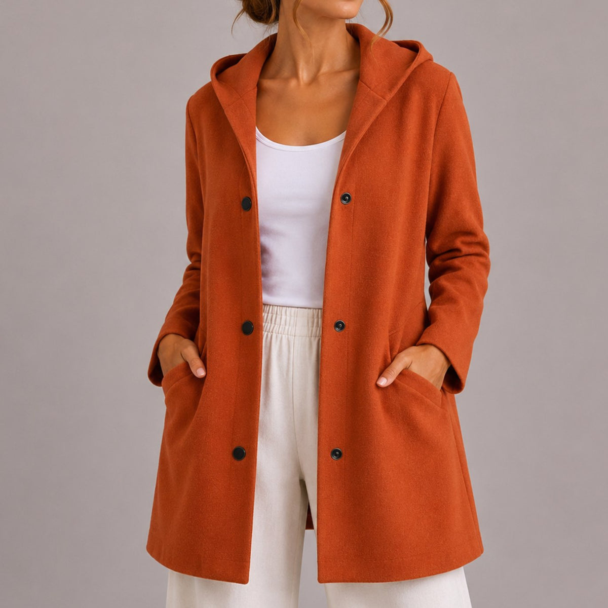 Chaqueta cárdigan holgada para mujer con capucha, botones y bolsillos