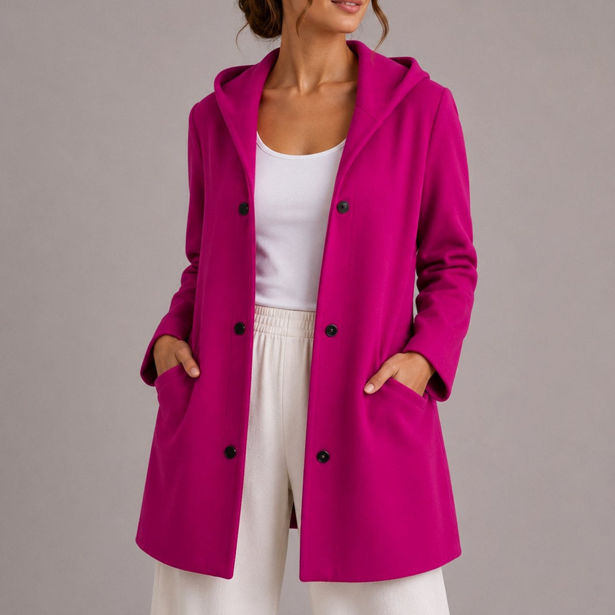 Chaqueta cárdigan holgada para mujer con capucha, botones y bolsillos