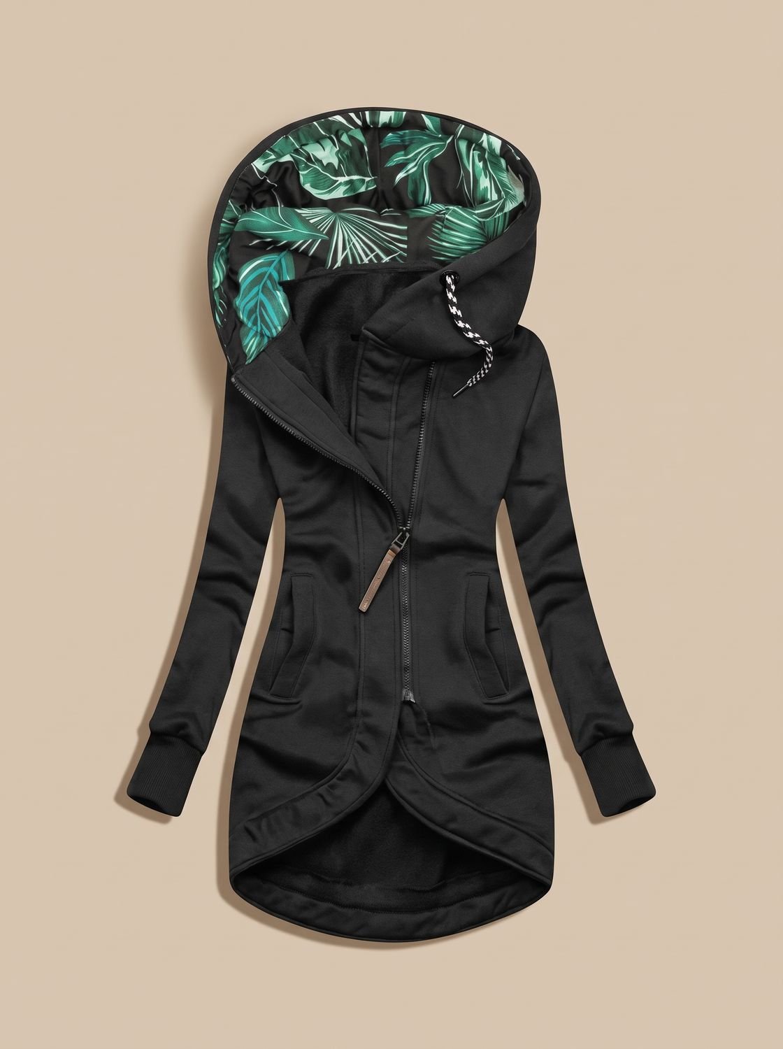 Chaqueta cómoda con capucha y cremallera para mujer con forro tropical