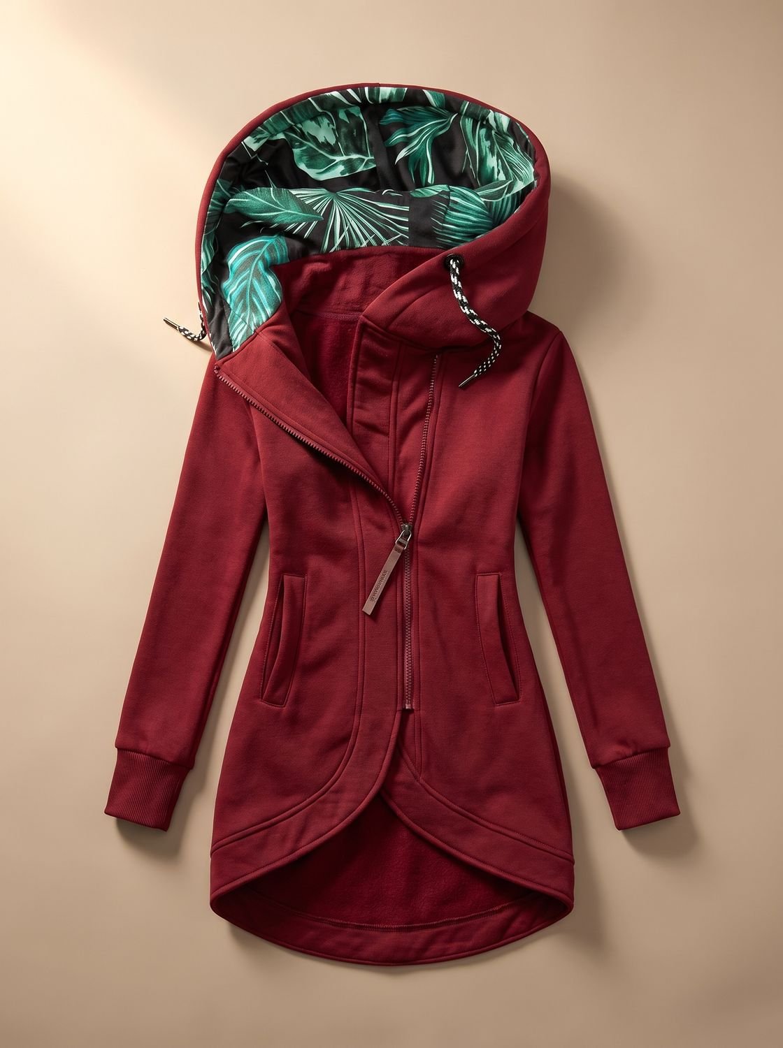 Chaqueta cómoda con capucha y cremallera para mujer con forro tropical