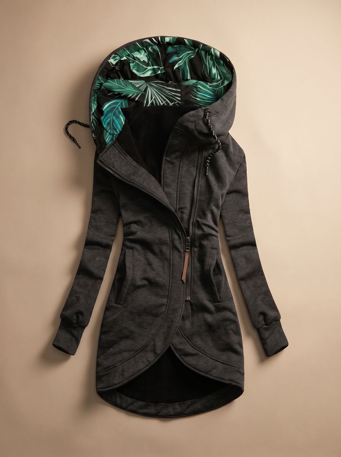 Chaqueta cómoda con capucha y cremallera para mujer con forro tropical
