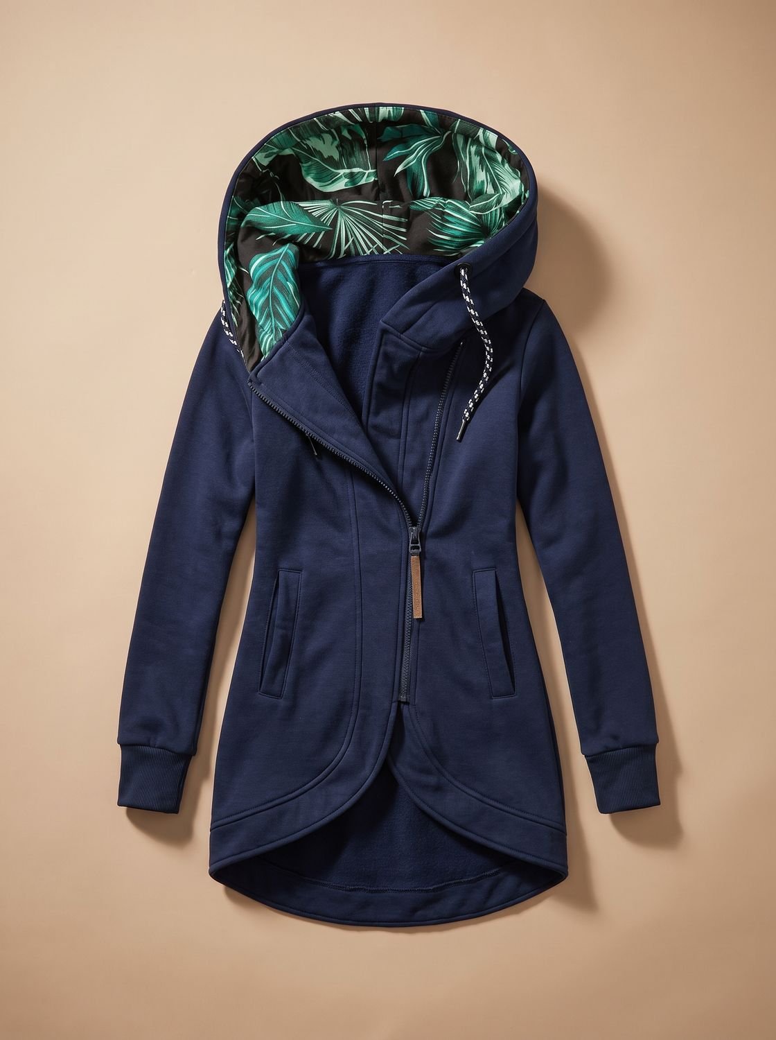 Chaqueta cómoda con capucha y cremallera para mujer con forro tropical