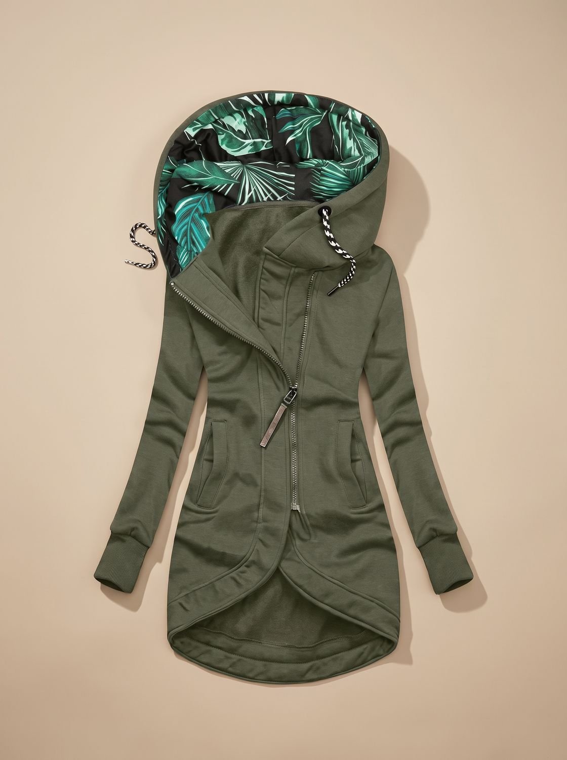 Chaqueta cómoda con capucha y cremallera para mujer con forro tropical