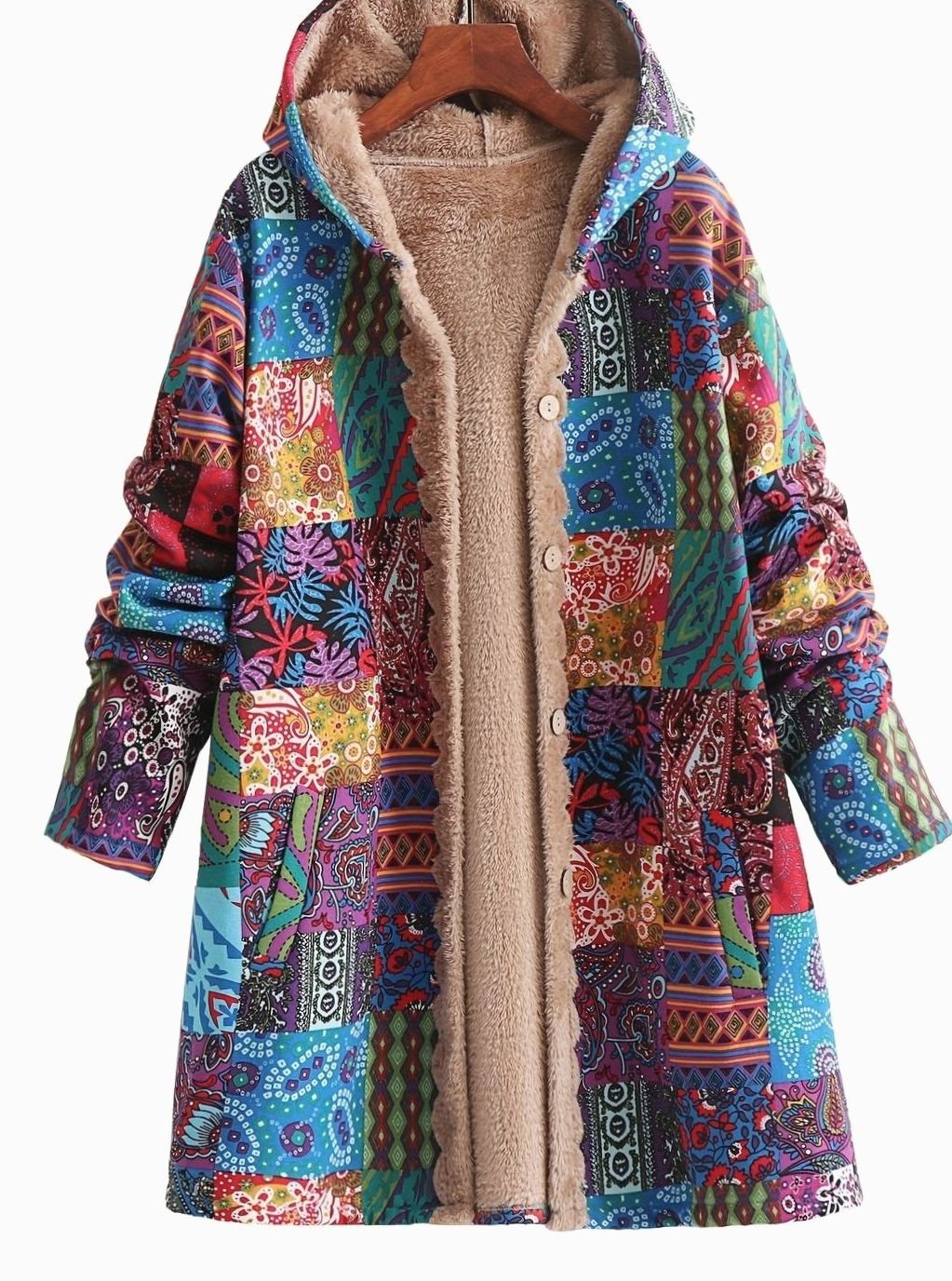 Chaqueta con capucha para mujer con forro polar y estampado patchwork estilo boho