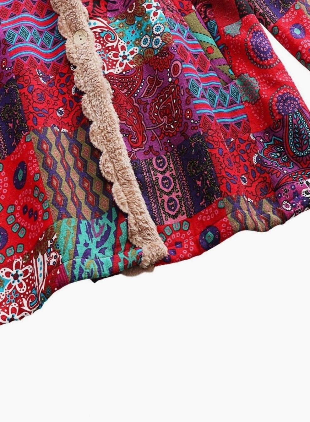 Chaqueta con capucha para mujer con forro polar y estampado patchwork estilo boho