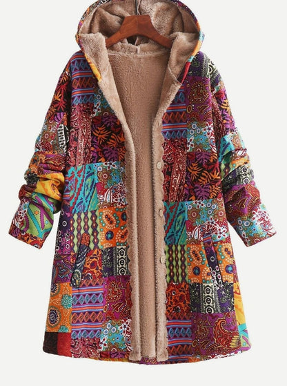 Chaqueta con capucha para mujer con forro polar y estampado patchwork estilo boho