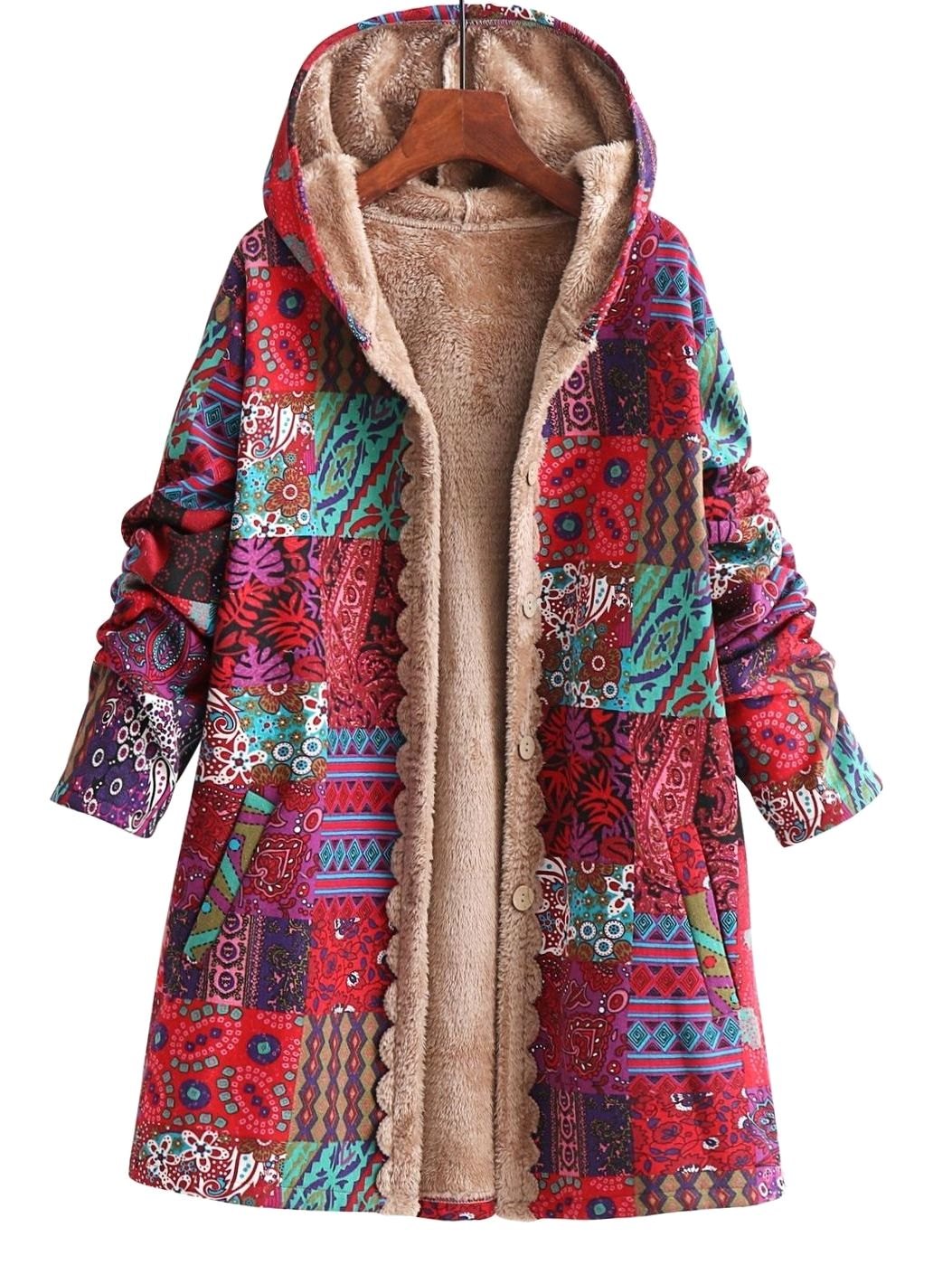 Chaqueta con capucha para mujer con forro polar y estampado patchwork estilo boho