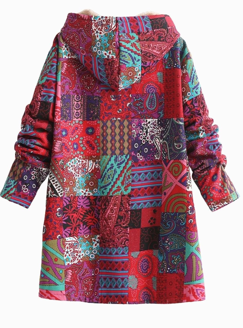 Chaqueta con capucha para mujer con forro polar y estampado patchwork estilo boho