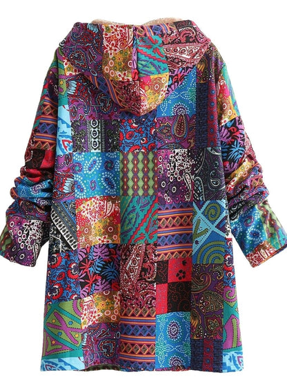 Chaqueta con capucha para mujer con forro polar y estampado patchwork estilo boho