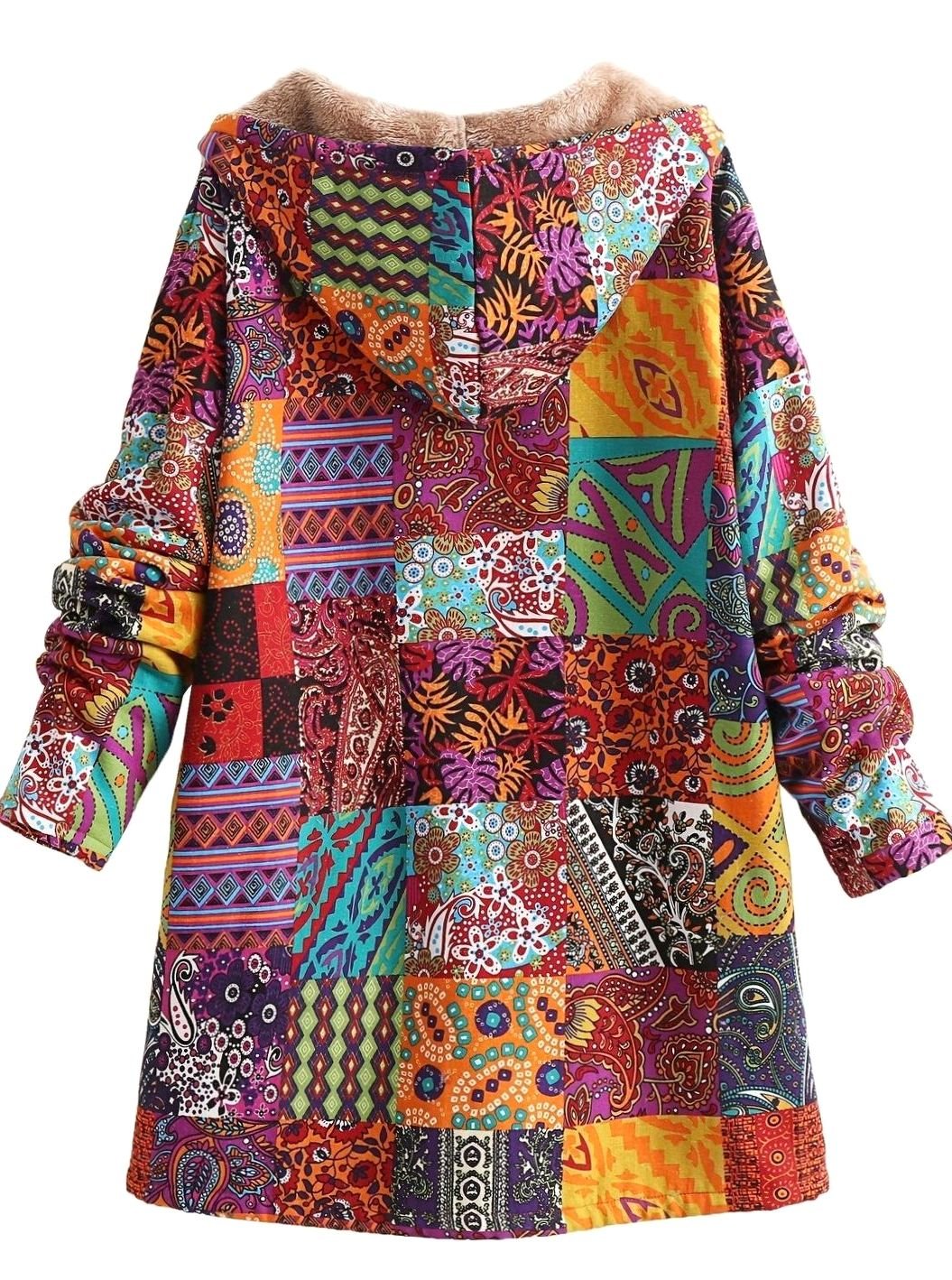 Chaqueta con capucha para mujer con forro polar y estampado patchwork estilo boho