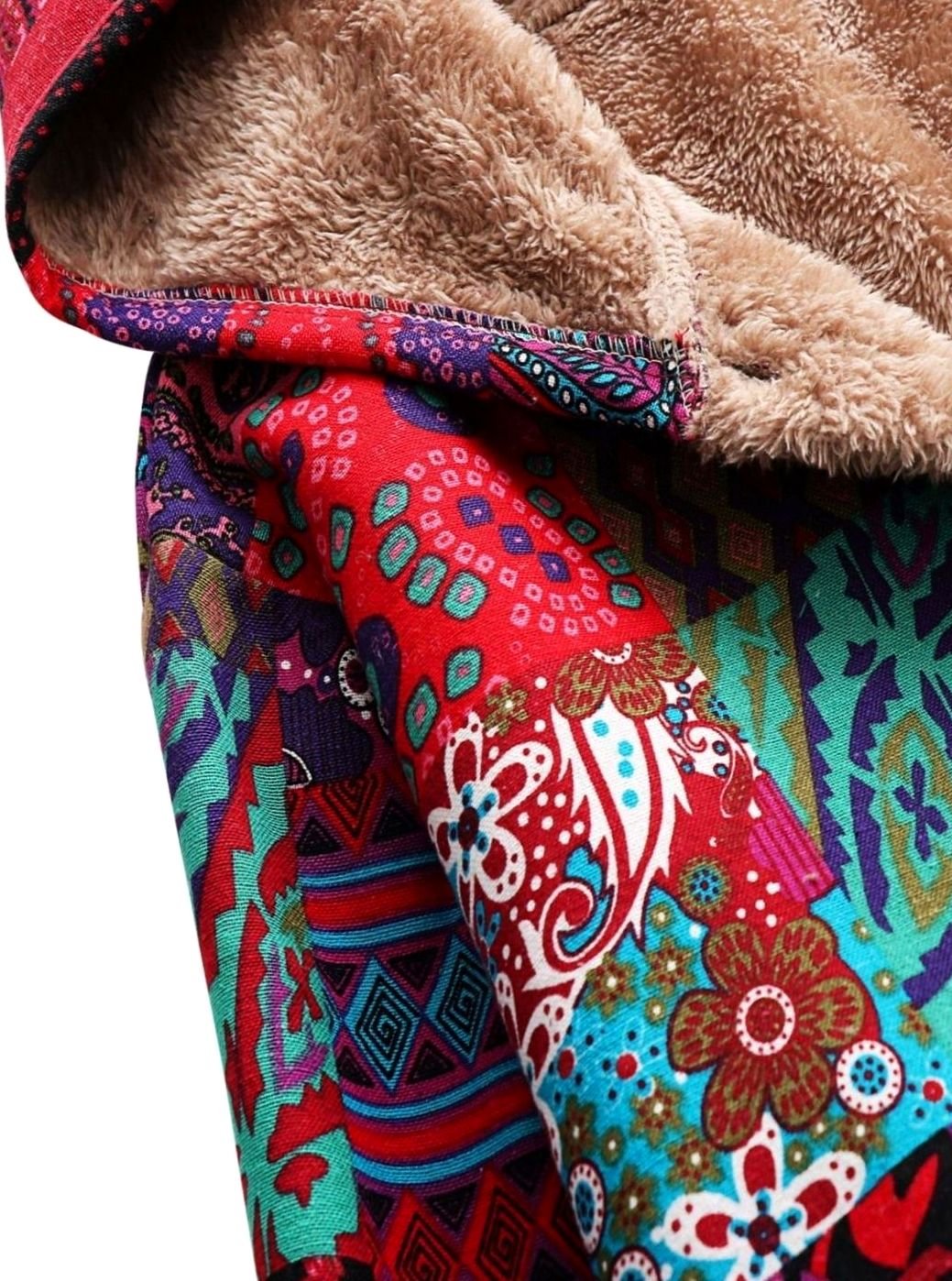 Chaqueta con capucha para mujer con forro polar y estampado patchwork estilo boho