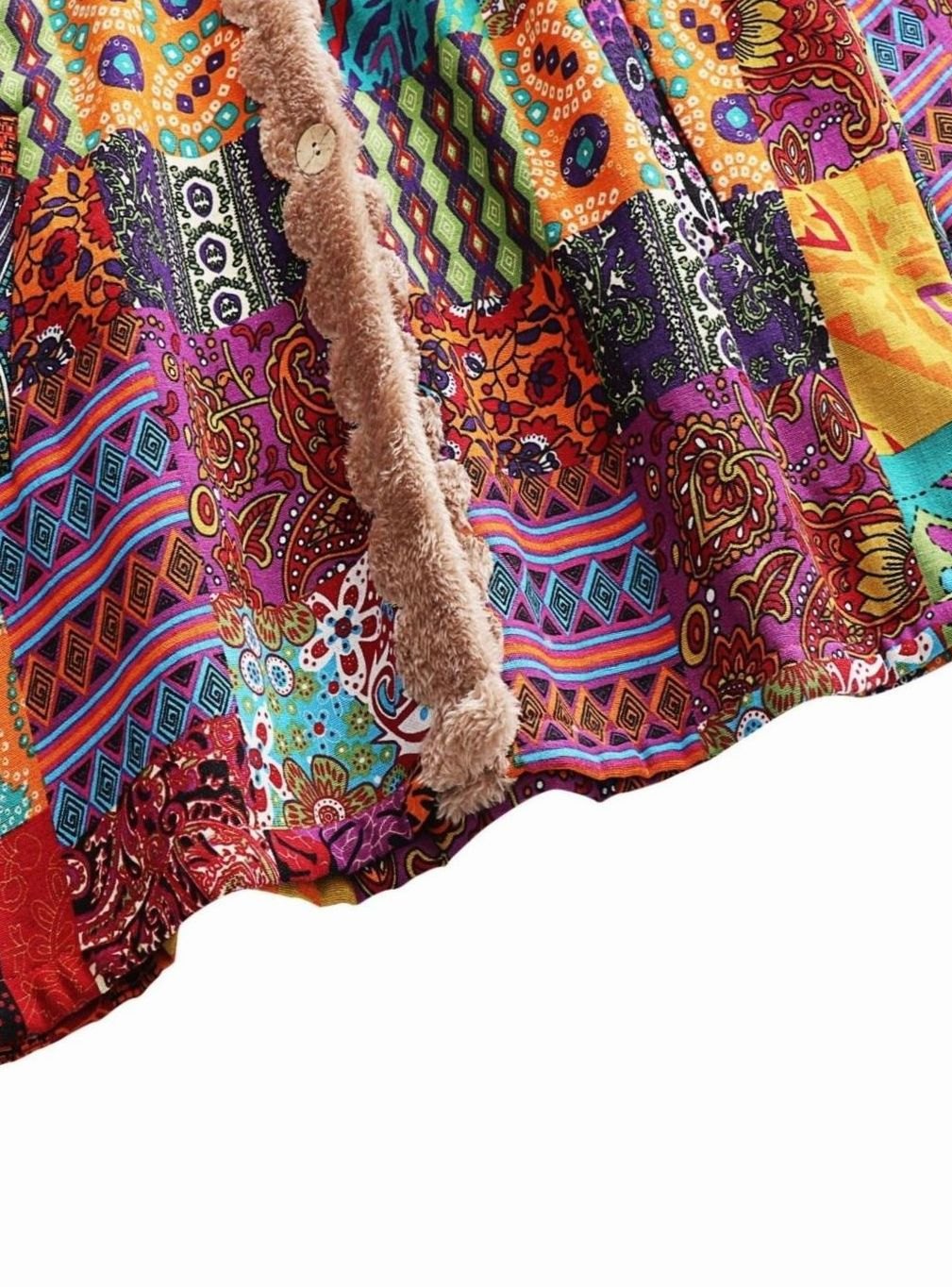 Chaqueta con capucha para mujer con forro polar y estampado patchwork estilo boho
