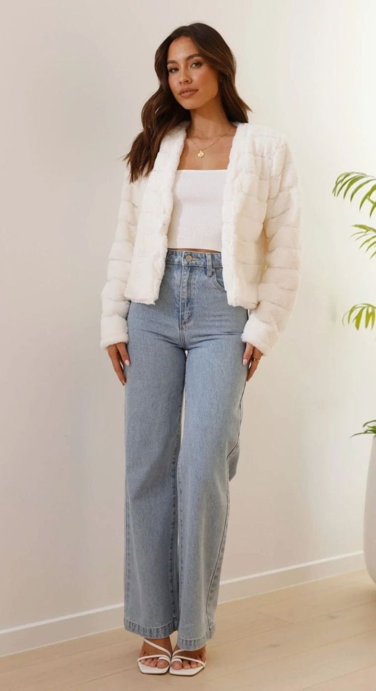 Chaqueta corta de pelo sintético abierta para mujer