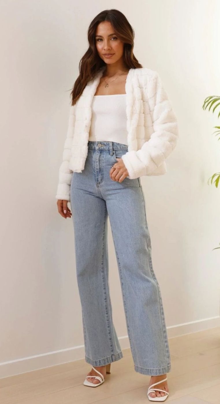 Chaqueta corta de pelo sintético abierta para mujer