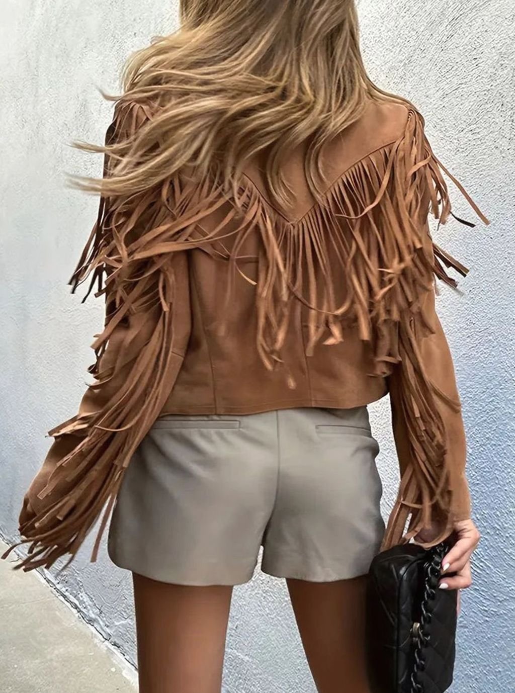 Chaqueta corta estilo boho con flecos y efecto ante para mujer