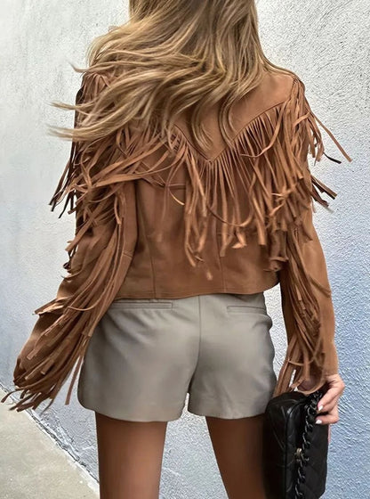 Chaqueta corta estilo boho con flecos y efecto ante para mujer