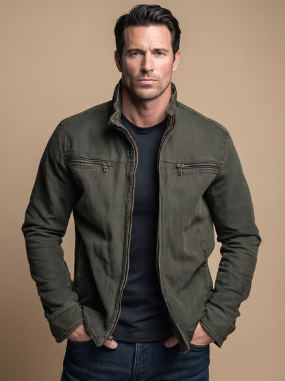 Chaqueta de algodón para hombre con cremallera, cuello alto y múltiples bolsillos