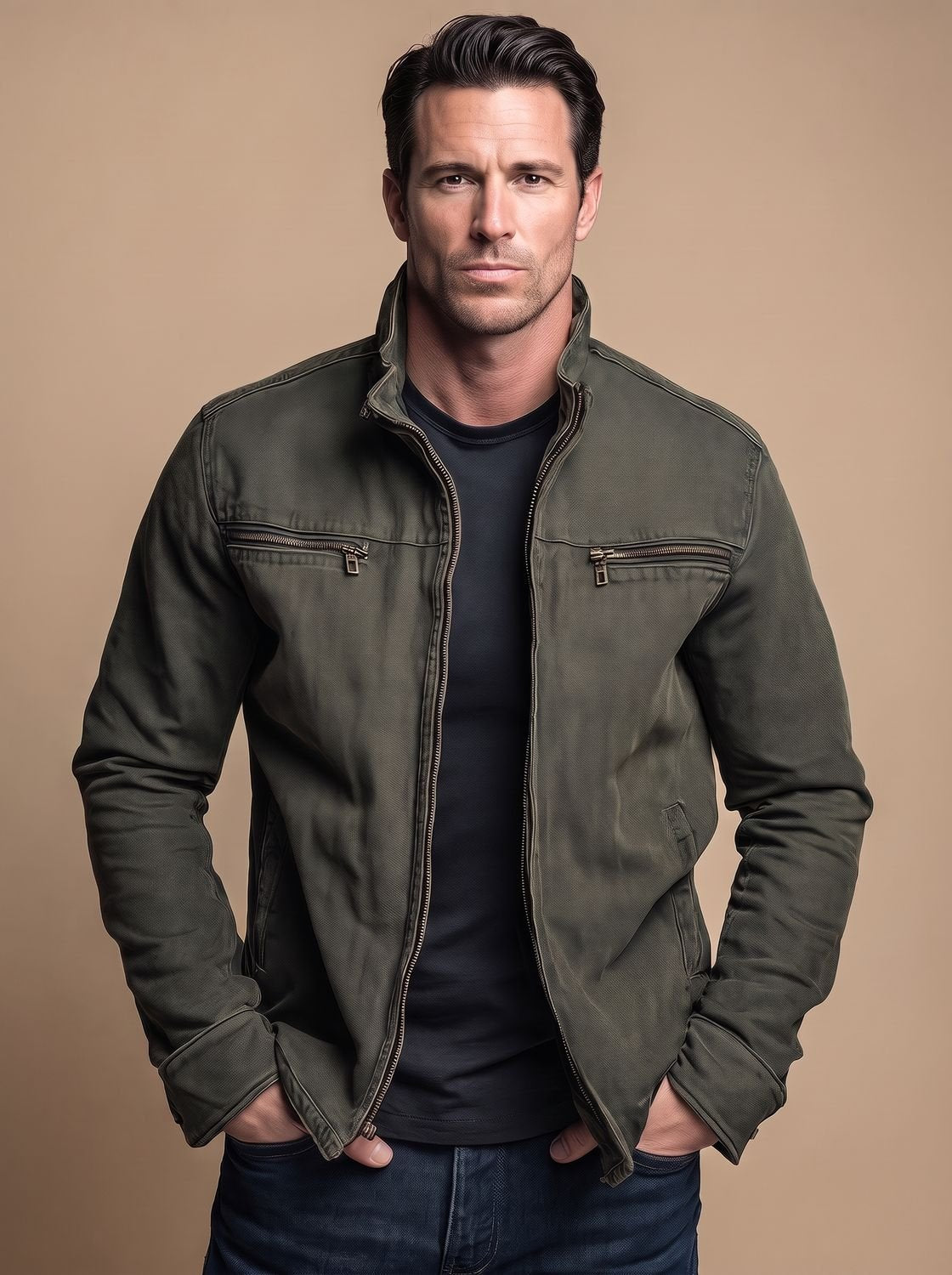 Chaqueta de algodón para hombre con cremallera, cuello alto y múltiples bolsillos