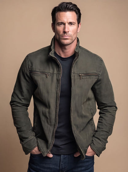 Chaqueta de algodón para hombre con cremallera, cuello alto y múltiples bolsillos