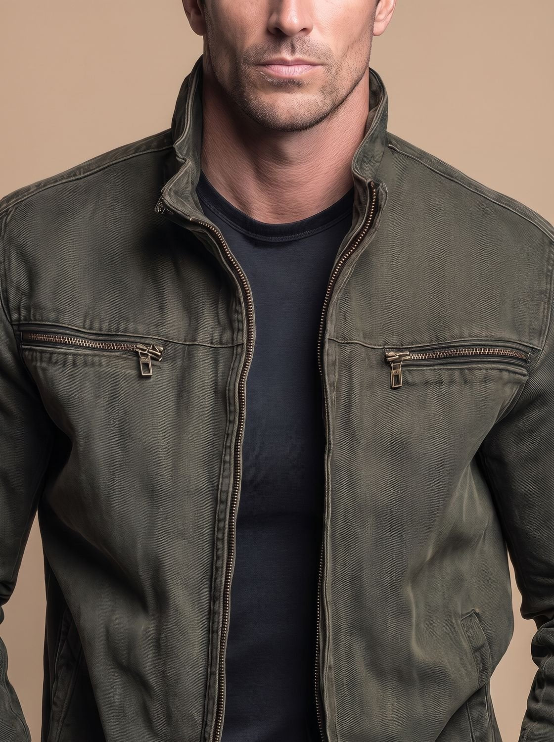 Chaqueta de algodón para hombre con cremallera, cuello alto y múltiples bolsillos