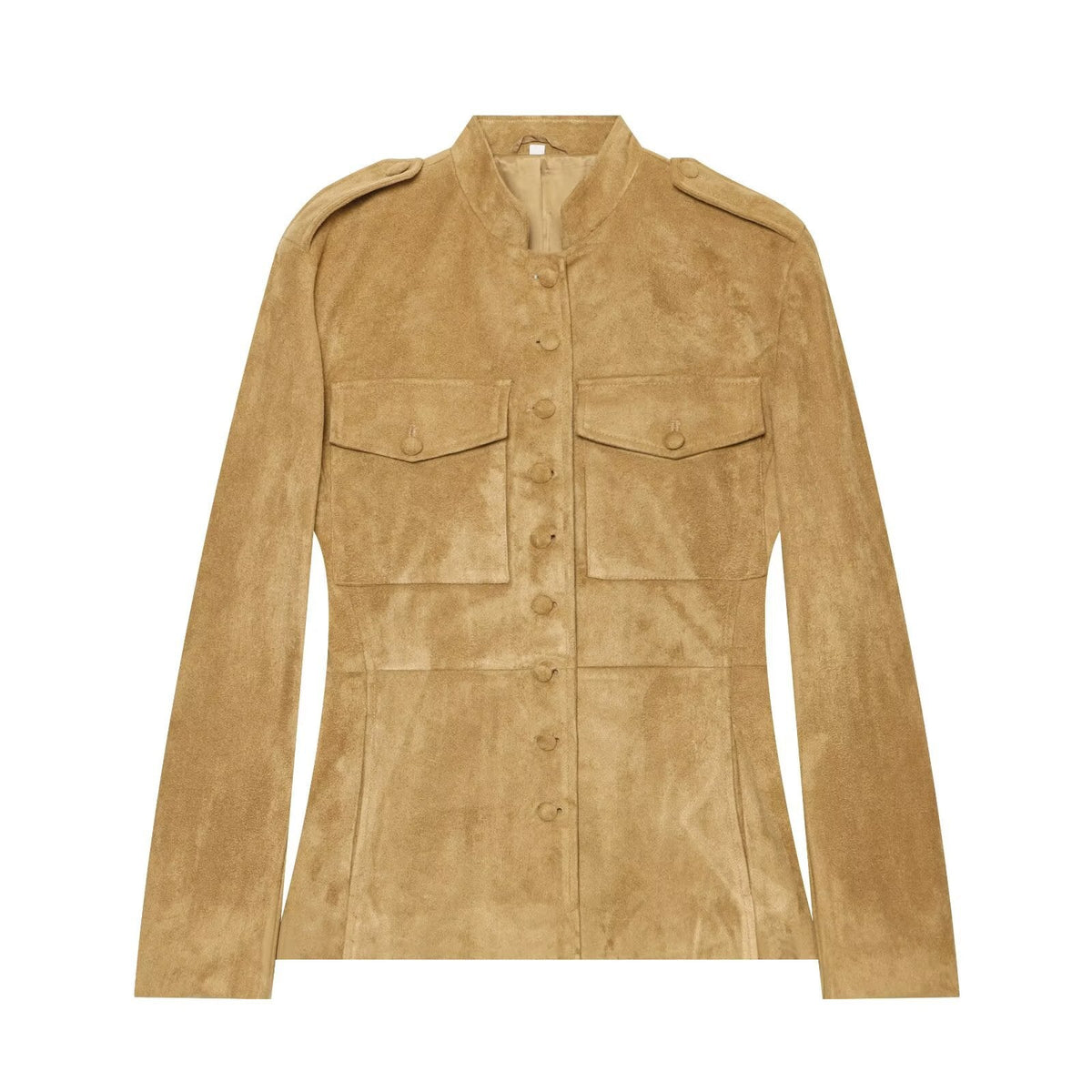 Chaqueta de ante de estilo militar con cuello alto para mujer