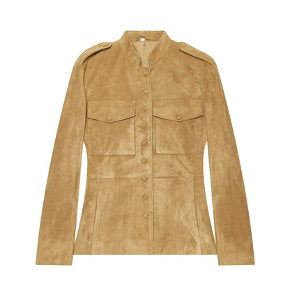 Chaqueta de ante de estilo militar con cuello alto para mujer