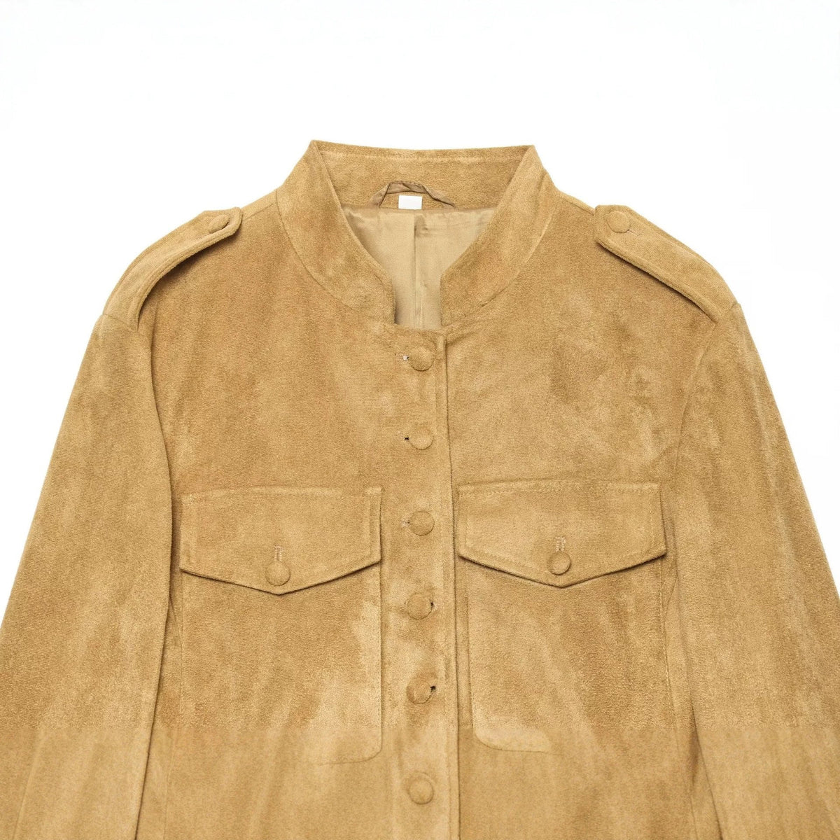 Chaqueta de ante de estilo militar con cuello alto para mujer