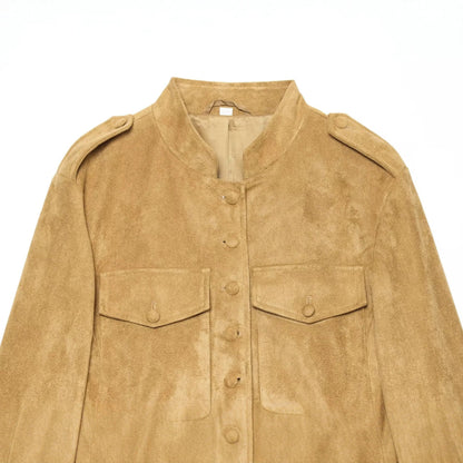 Chaqueta de ante de estilo militar con cuello alto para mujer