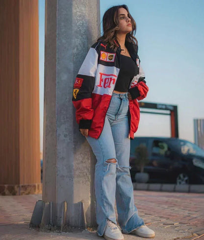 Chaqueta de carreras *oversize* para mujer - Estilo automovilismo en bloques de color con parches