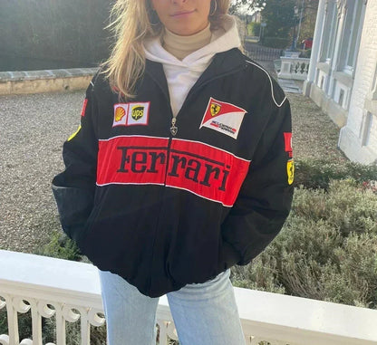 Chaqueta de carreras *oversize* para mujer - Estilo automovilismo en bloques de color con parches