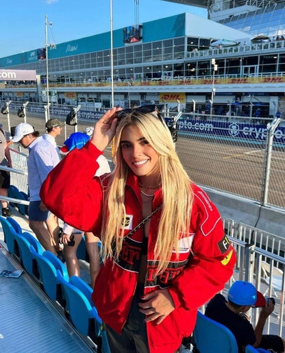 Chaqueta de carreras *oversize* para mujer - Estilo automovilismo en bloques de color con parches