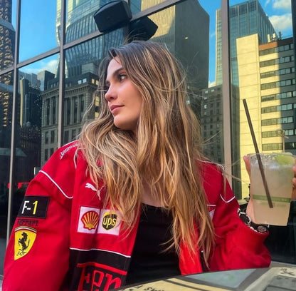 Chaqueta de carreras *oversize* para mujer - Estilo automovilismo en bloques de color con parches