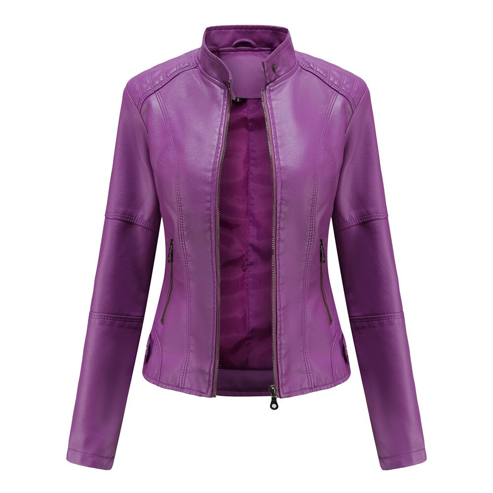 Chaqueta de Cuero para Mujer con Cuello Mao