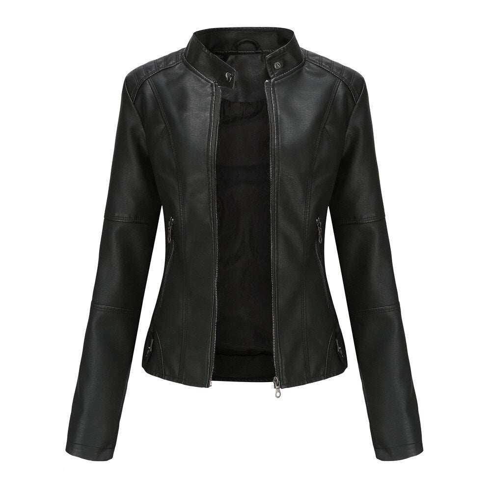 Chaqueta de Cuero para Mujer con Cuello Mao