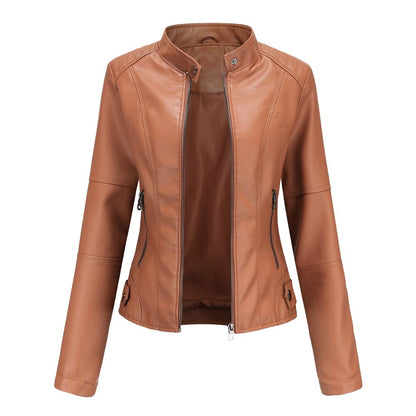 Chaqueta de Cuero para Mujer con Cuello Mao