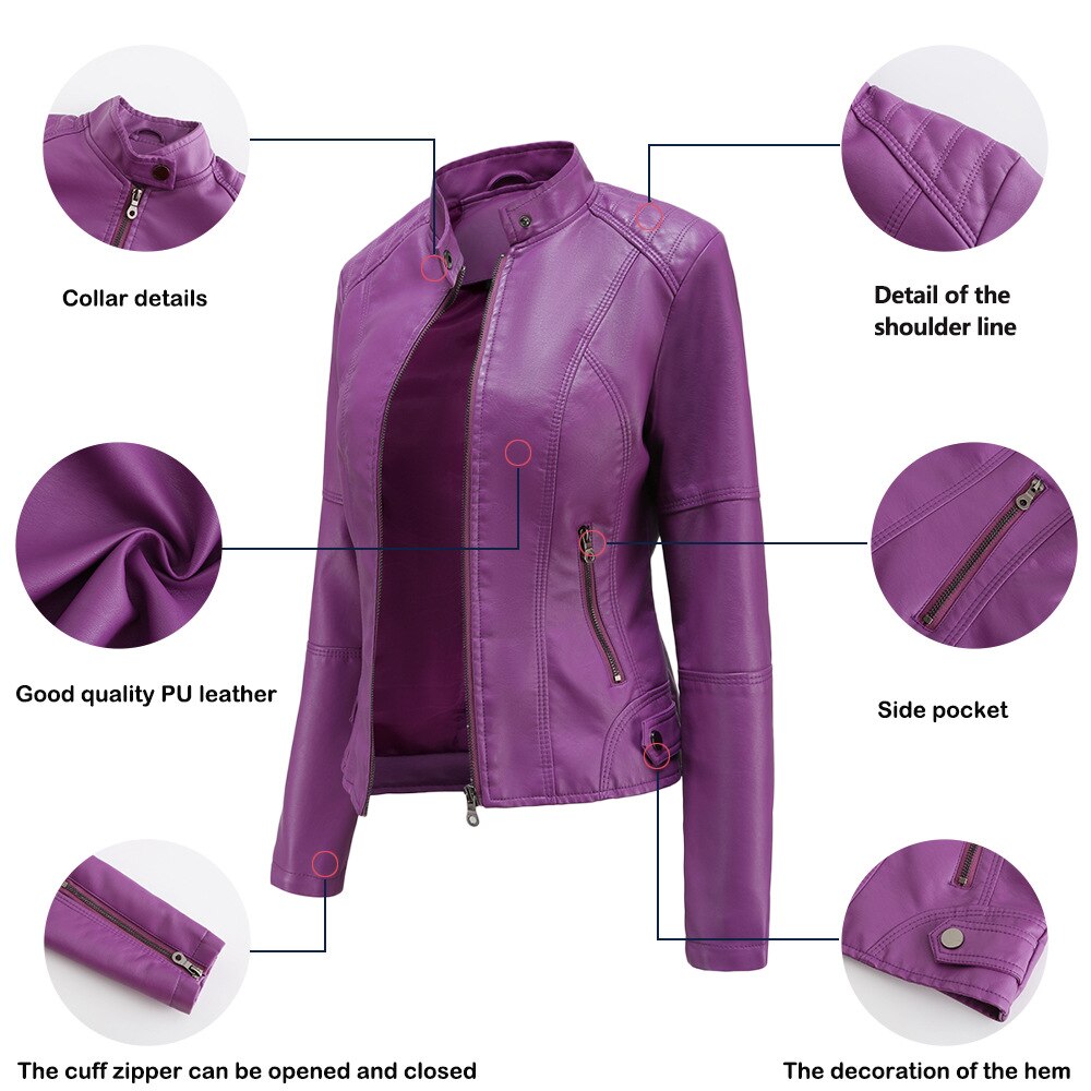 Chaqueta de Cuero para Mujer con Cuello Mao