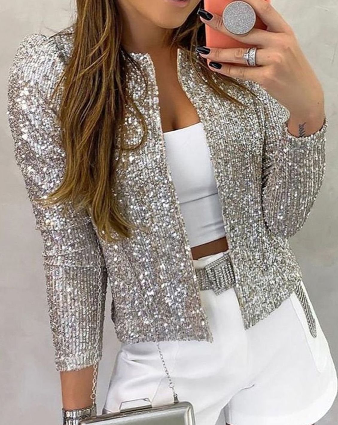 Chaqueta de fiesta brillante con lentejuelas y frente abierto para mujer