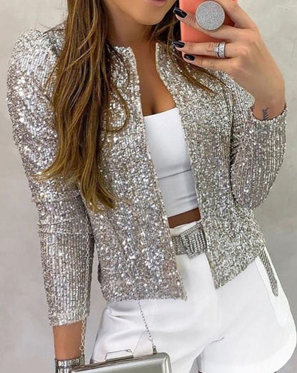 Chaqueta de fiesta brillante con lentejuelas y frente abierto para mujer