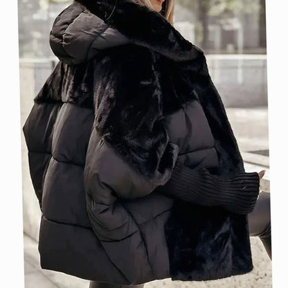 Chaqueta de invierno acolchada oversize para mujer con capucha y pelo sintético