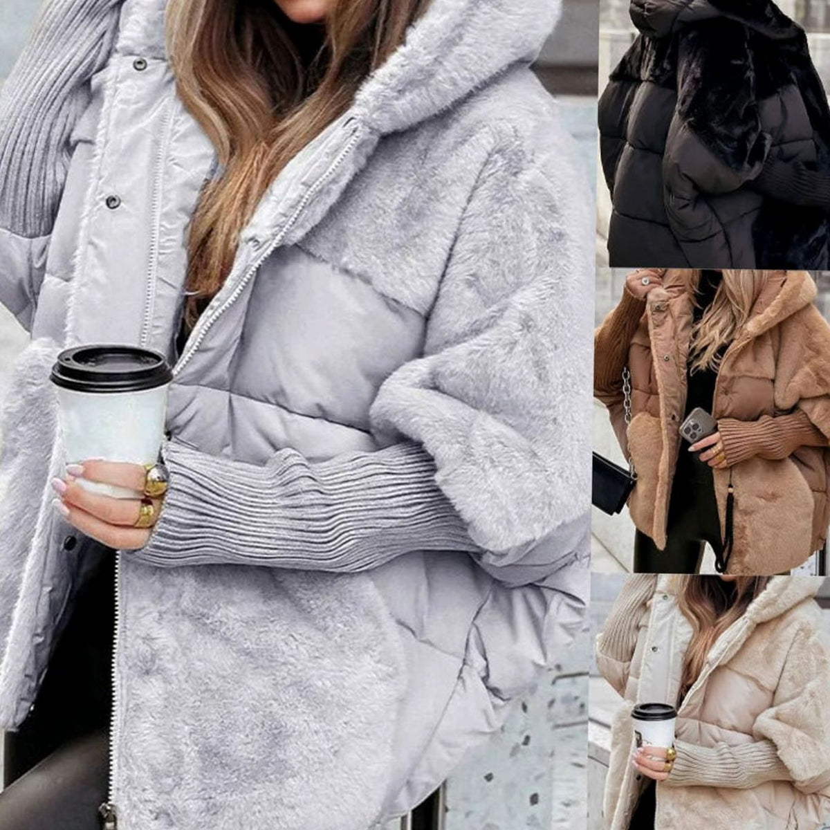 Chaqueta de invierno acolchada oversize para mujer con capucha y pelo sintético