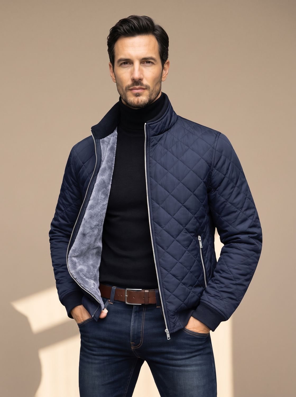 Chaqueta de invierno para hombre acolchada de rombos con forro polar y cremallera completa