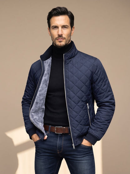 Chaqueta de invierno para hombre acolchada de rombos con forro polar y cremallera completa