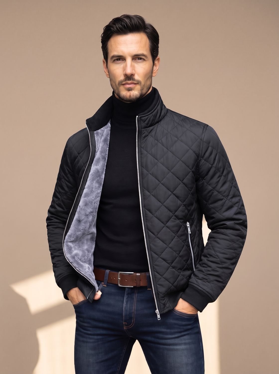 Chaqueta de invierno para hombre acolchada de rombos con forro polar y cremallera completa