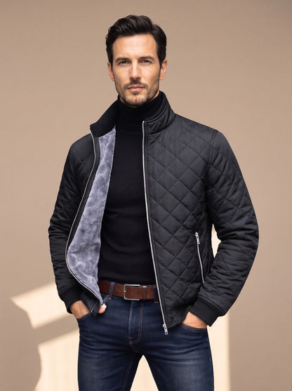 Chaqueta de invierno para hombre acolchada de rombos con forro polar y cremallera completa