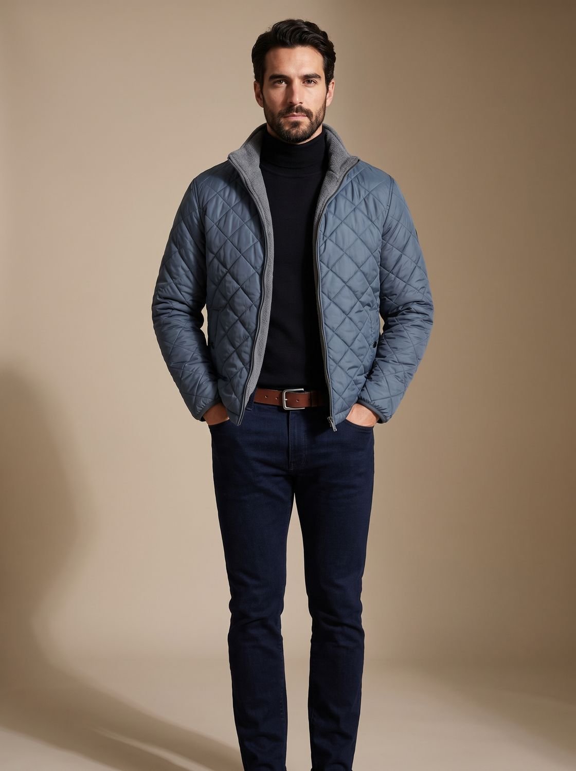 Chaqueta de invierno para hombre acolchada de rombos con forro polar y cremallera completa