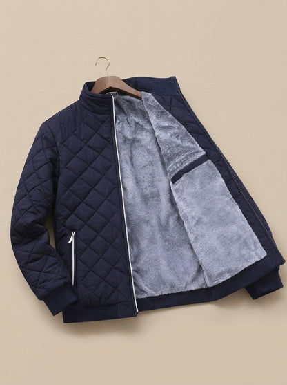 Chaqueta de invierno para hombre acolchada de rombos con forro polar y cremallera completa